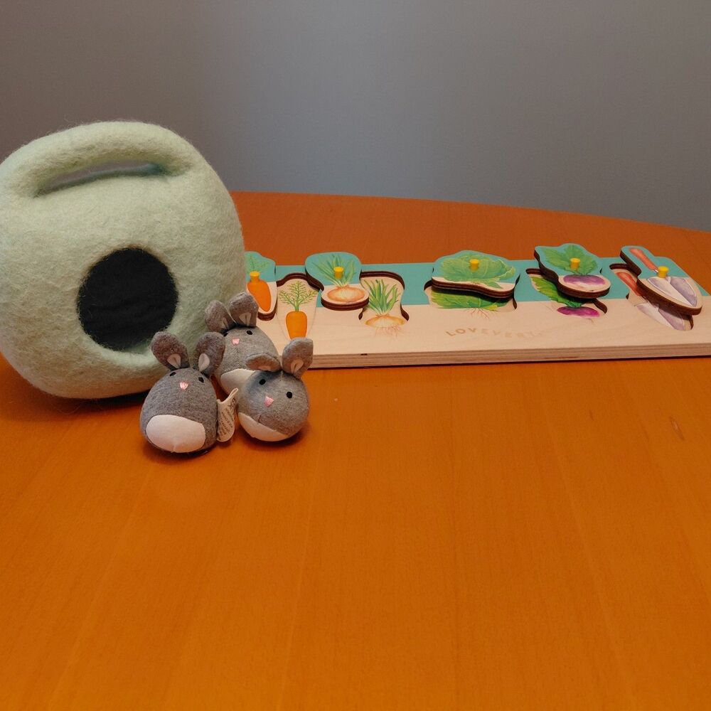 Lovevery Lot of 2 Wooden Community Garden Puzzle and Bunnies in a Felt Burrow